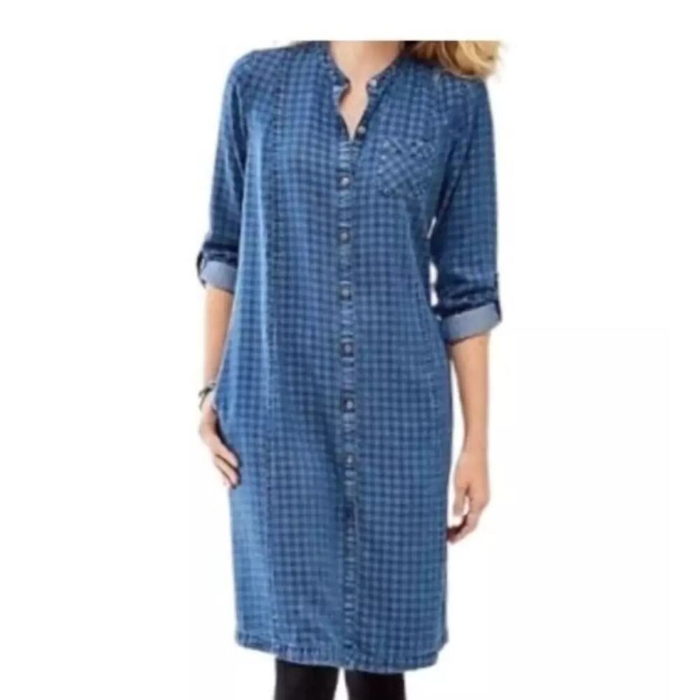 J. Jill Chambray Checked Print Shirt Dress Roll Tab Long Sleeve Blue SZ XS EUC
